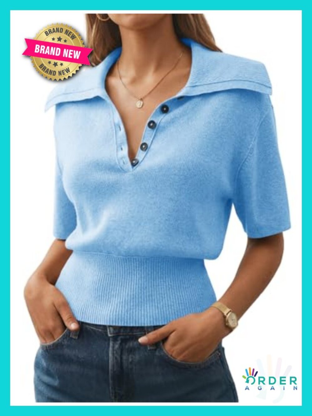 Womens Polo Sweater Top Short Sleeve V Neck Collared Ribbed Hem